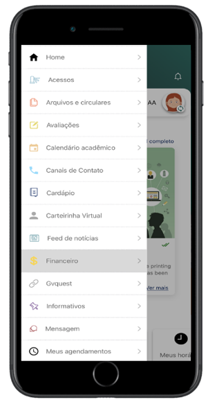 Acesso ao menu lateral na opção financeiro