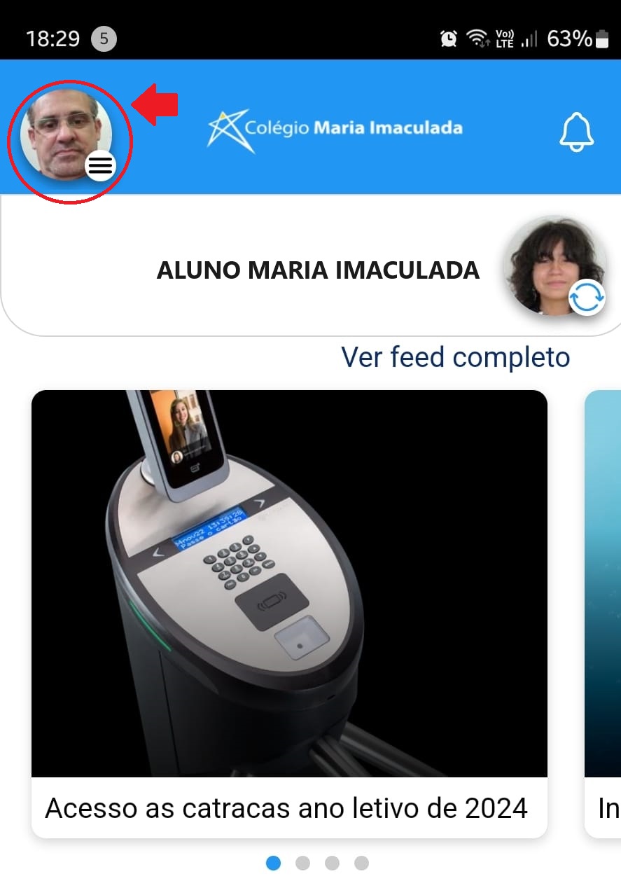 Para acessar o MENU de FUNCIONALIDADES do app, clique na sua FOTO.